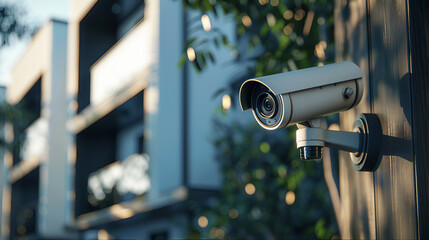 Security camera on a building, Security cctv camera monitoring the movement on property, A closeup view of a security camera mounted on a wall, A modern surveillance camera mounted outdoors