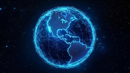 Obraz premium A digital representation of Earth with glowing network connections, symbolizing global connectivity and innovation.
