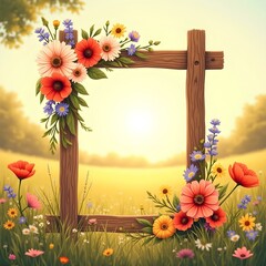 Close-up of a picture frame adorned with vibrant red roses, set against a soft-focus background of a lush green garden, perfect for wedding invitation cards, sunny daylight.