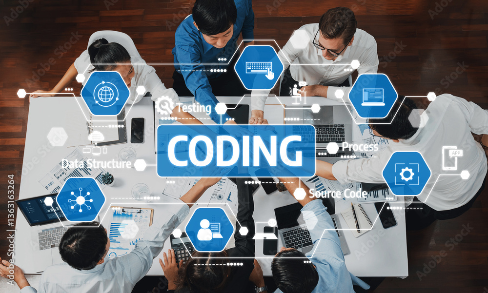 Poster a dynamic scene showcasing a diverse team engaged in a coding session, emphasizing collaboration and