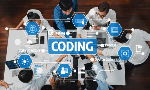 A dynamic scene showcasing a diverse team engaged in a coding session, emphasizing collaboration and technology in an innovative office space. Amity