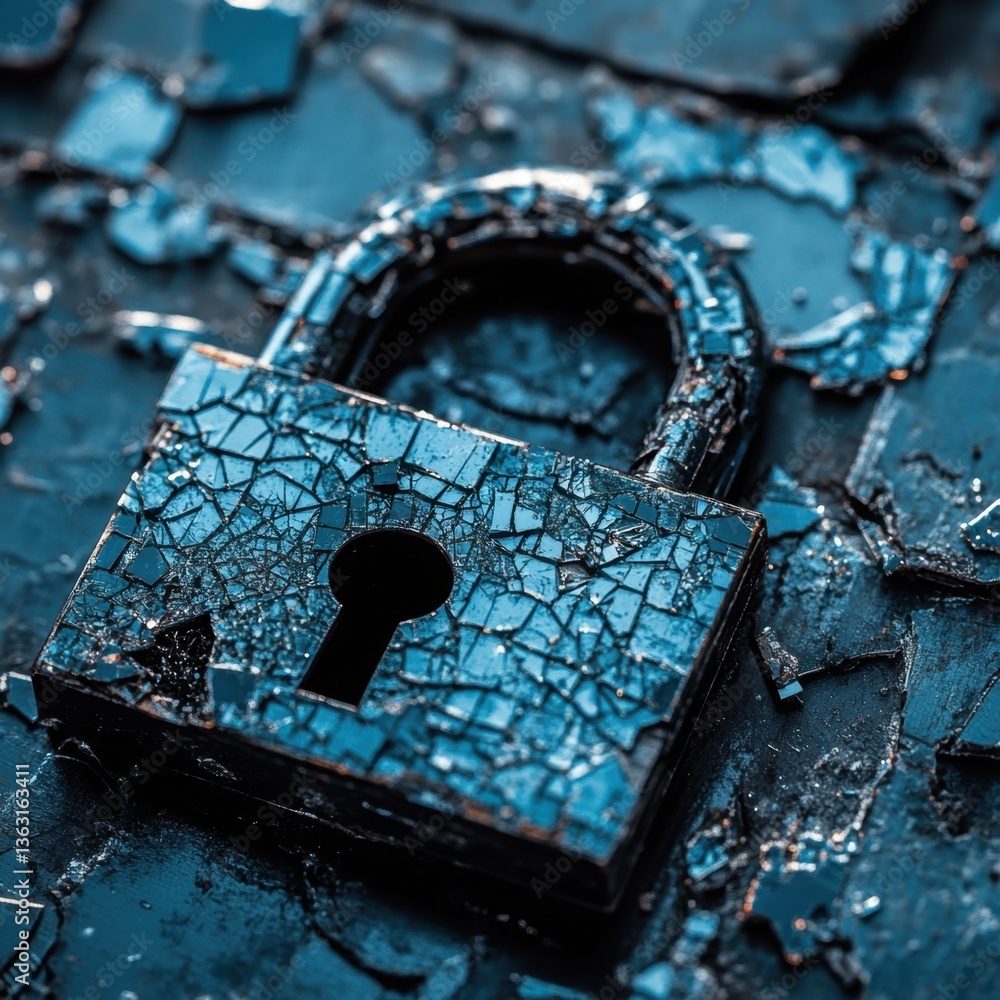 Poster cracked padlock security concept on dark surface representing vulnerability and data breach with a d