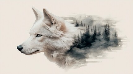 Obraz premium White Wolf and Misty Forest Double Exposure