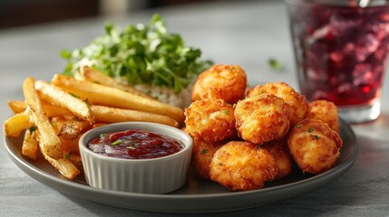 Crispy fried food platter with dipping sauce