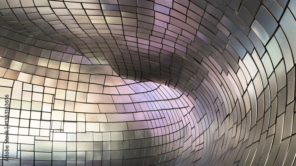 Poster swirling silver tiles create an abstract tunnel effect, playing with light and shadow