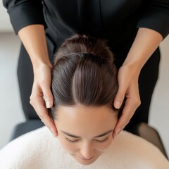 Naklejka premium Overhead view of a client enjoying a head massage at a high-end hair spa