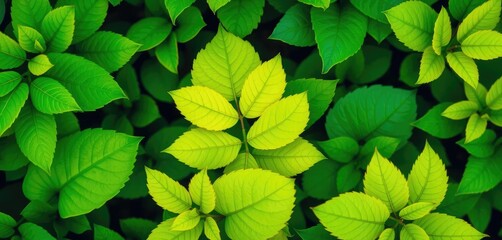 Vibrant green leaves, various shapes and sizes, isolated,  scenic, branch