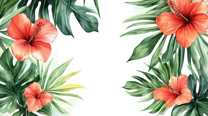 Tropical leaves and flowers frame for wedding invitations and greeting cards with colorful hibiscus and lush greenery on white background