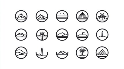 Minimalist landscape icons; travel, nature, vacation; design elements