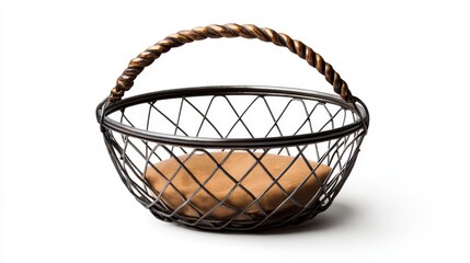Obraz premium Empty dark metal wire basket with a burlap liner and a twisted rope handle, isolated on a white background