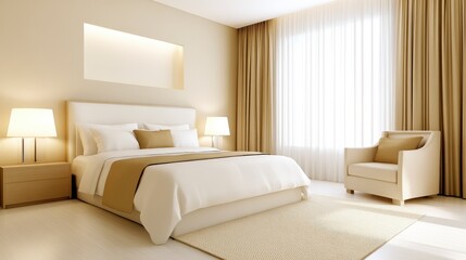 Elegant beige bedroom interior with a large bed, armchair, and patterned rug. Soft lighting creates a calm atmosphere