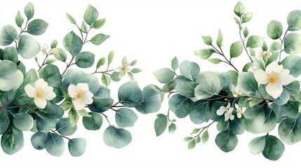 Obraz premium Watercolor wreath featuring green eucalyptus leaves and jasmine flowers perfect for spring or summer wedding invitations and greeting cards