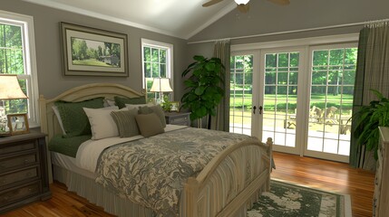 Obraz premium Elegant Bedroom Interior with Green Accents and Large Windows Overlooking a Lush Outdoor Space