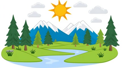 Obraz premium Vibrant Landscape with Snow-Capped Mountains, Lush Green Valley, and Sun Shining Over a River