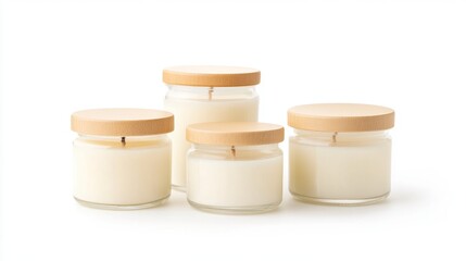 Four ivory candles in clear glass jars with cork lids on white background