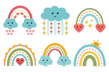 Rainbow collection for holiday, nursery decoration, baby shower, clothing prints, invitation, cards. Clip art of funny rainbows, stars, sunny, clouds in child friendly cute style.