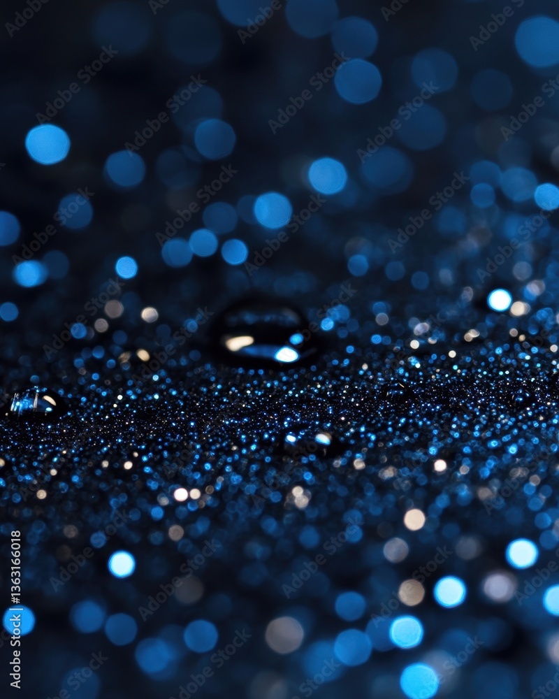 Poster macro photography of water droplets on a dark textured surface with bokeh lights creating a moody at