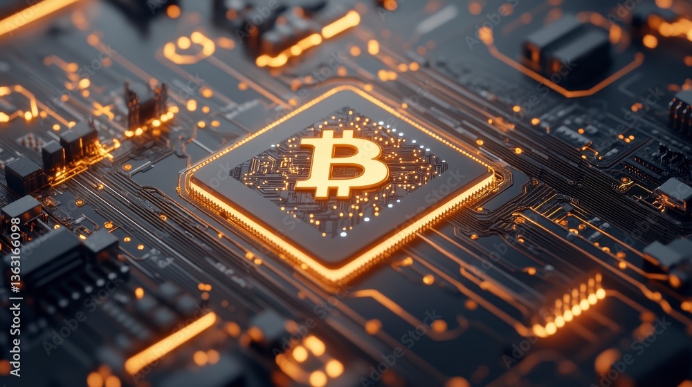 Aufkleber close up view of a glowing bitcoin symbol on a circuit board, illuminated with orange and amber ligh