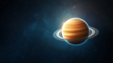 Fototapeta premium Glowing planet with rings in dark space. Detailed cosmic scene. Digital art