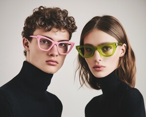 Young models showcase vibrant eyewear in stylish studio setting during fashion shoot with emphasis on modern aesthetics and bold colors