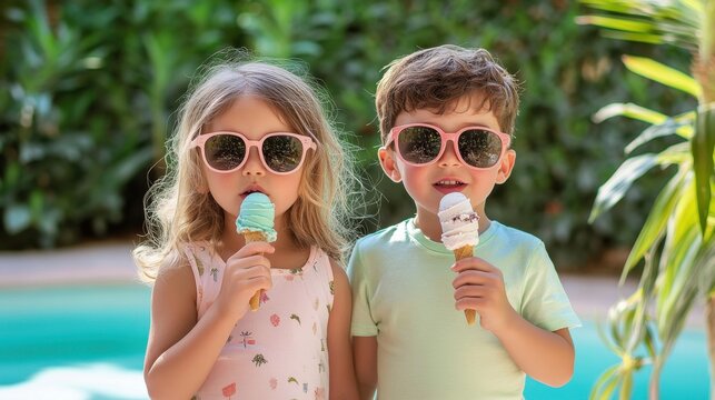 Two happy children wearing sunglasses and eating ice cream cones by the pool