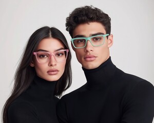 Two stylish models showcase trendy eyewear while dressed in elegant black turtlenecks, posing against a simple background