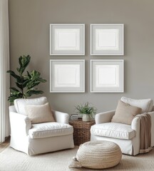 Naklejka premium Four frames on wall above cozy armchairs.