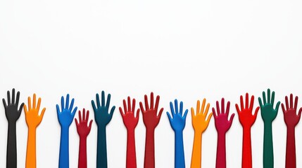 Colorful hands reaching upward against a white background offe ample copy space perfect for community service announcements or volunteer recruitment campaigns promoting