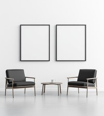 Two black armchairs, coffee table, and two square frames against a white wall.