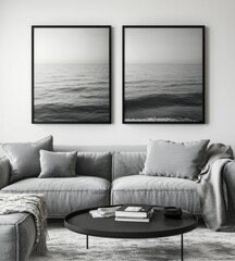 Two black and white ocean wave prints above a grey sofa.