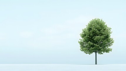 Lone Green Tree Against a Soft Blue Sky in a Minimalist Natural Landscape