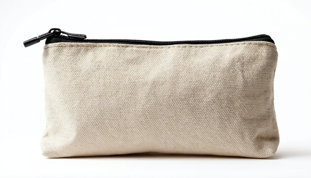 Isolated canvas stationery bag against white background. Beige cotton fabric with zipper. Open empty purse for storing school supplies, office accessories. Education and business concept.