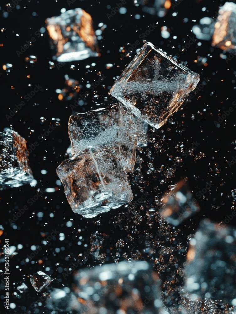 Poster captivating close up of ice cubes floating in dark space with dynamic water droplets creating a refr