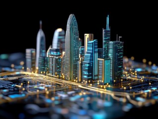 Futuristic cityscape at night with illuminated skyscrapers and glow