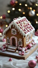 Festive Gingerbread House with Candy and Winter Wonderland Theme photo
