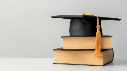 A black graduation cap rests atop two thick academic textbooks providing ample copy space for scholarship announcements or educational advertising promoting academic success and