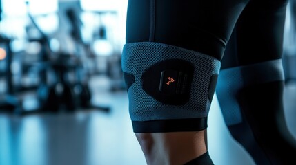 A person wearing leg compression gear in a gym setting