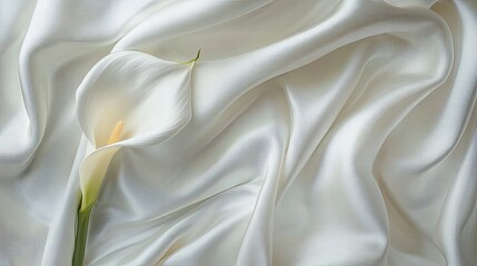 Obraz premium Elegant white calla lily on a smooth white silk background, symbolizing purity and simplicity.