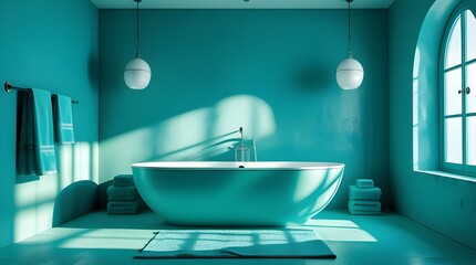 Monochromatic Turquoise Bathroom: Modern Oval Tub & Sunlight