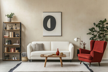 A modern living room with light beige walls, a white sofa and a red armchair, a wooden side table with vases of different shapes, a bookshelf with books and magazines