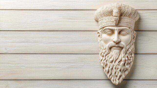A serene Mesopotamian deity mask with a flowing beard hangs against a light wood background providing ample copy space for text ideal for historical or cultural presentations.