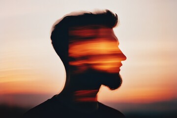 Double exposure of man with sunset sky	