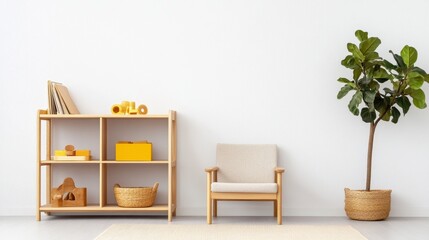 Fototapeta premium Light beige armchair and wooden shelf with toys near fiddle leaf fig tree in a minimalist room. 