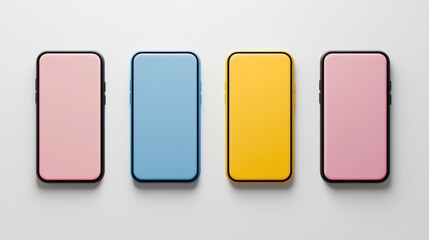 Four smartphones with pastel colored screens arranged in a row on a white background provide ample copy space for mobile UI design and app presentation showcasing various color