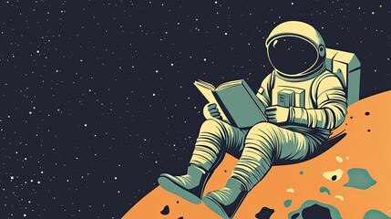 Astronaut Reading Book in Space on Alien Planet Surrounded by Stars