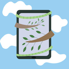 Hand drawn phone with vines growing around it. Nature reclaiming time minimalist poster. Stock vector illustration