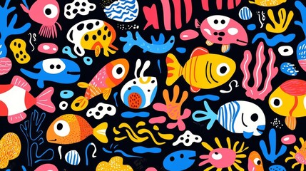A vibrant and colorful underwater illustration featuring various playful fish and coral designs against a dark background.