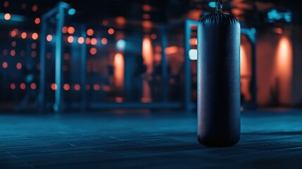 A black punching bag hanging in a well lit modern gym