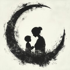Elegant ink drawing of a mother and child silhouetted against a crescent moon, dreamy and poetic.