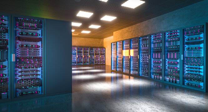 Server room hosting many servers blinking with led lights in data center